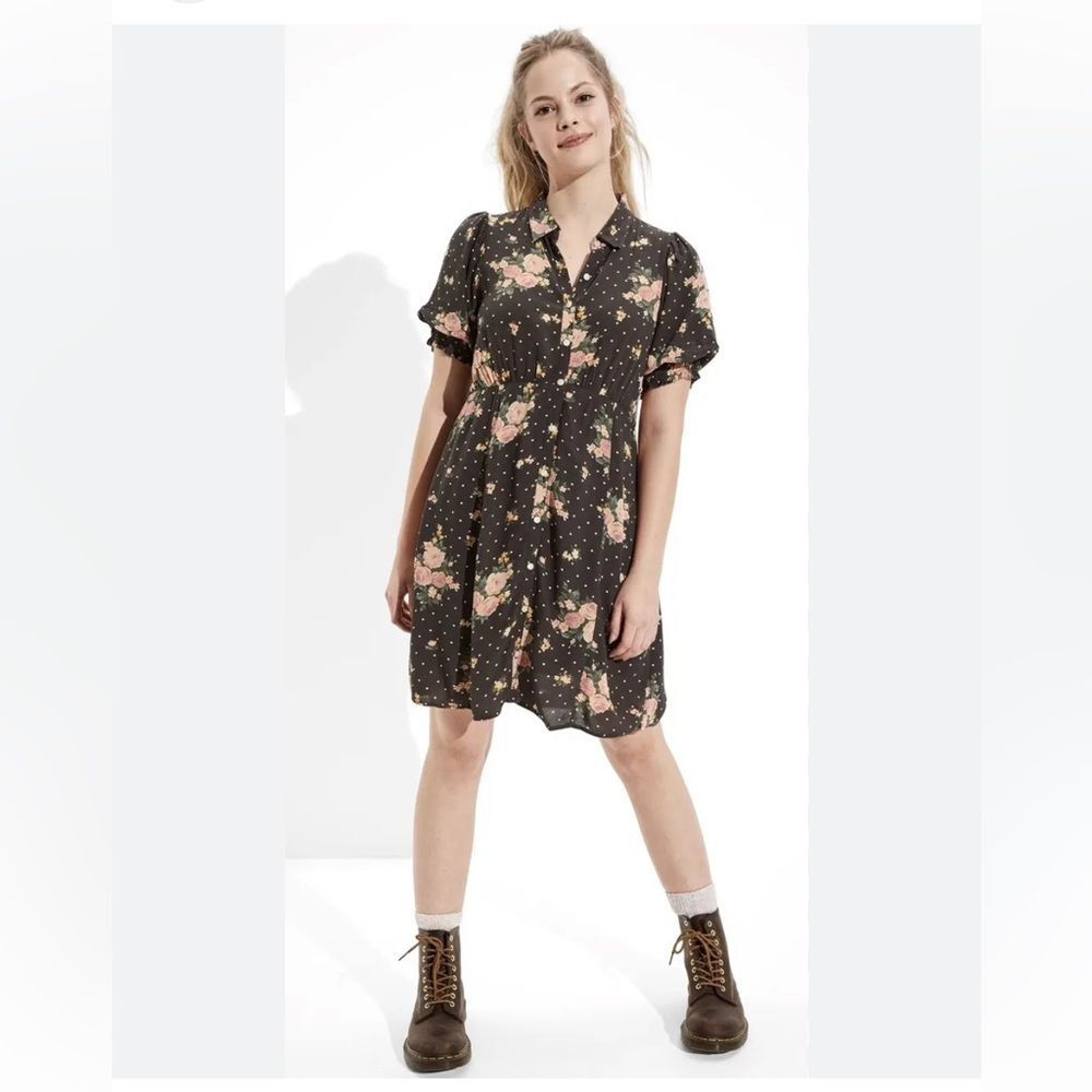 American Eagle Women Gray Floral Puff Sleeve Shirt Dress Small Edgy Goth Grundge
